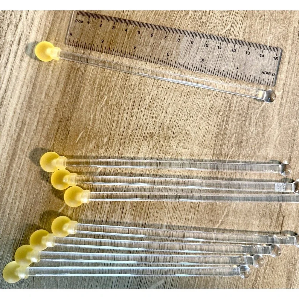 Yellow Lemon Ball Tipped Swizzle Sticks Set Of 8 Clear Acrylic Vintage Barware
